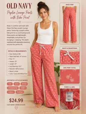 Old Navy Coral Pink Drawstring Lounge Pants with White Print